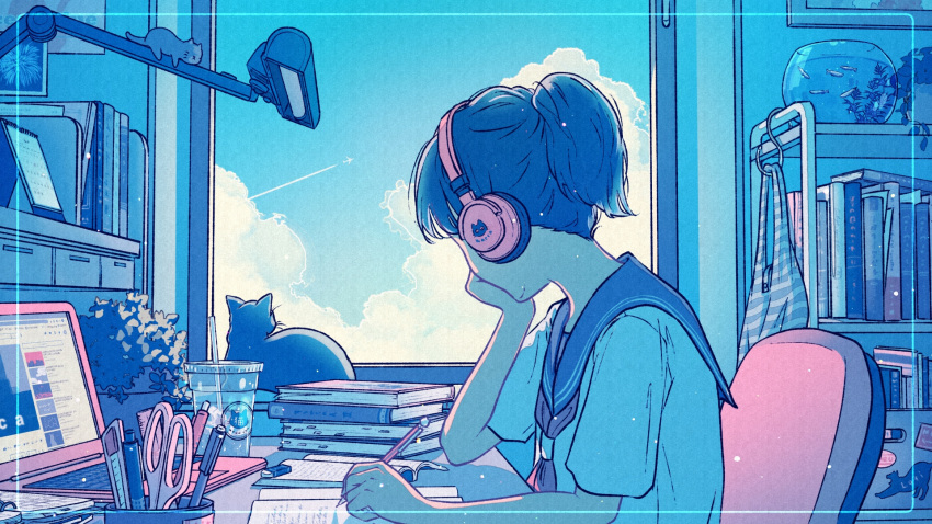 1girl, bag, black_cat, blue_sailor_collar, blue_sky, blue_theme, book, bookshelf, border, brown_hair, cat, chair, commentary, computer, condensation_trail, cumulonimbus_cloud, cup, desk, desk_lamp, facing_away, fish, fishbowl, hand_on_own_chin, hand_up, headphones, highres, holding, holding_pencil, indoors, lamp, laptop, lofi_girl, lofi_girl_(youtube), neckerchief, open_book, pen, pencil, plant, potted_plant, red_neckwear, sailor_collar, scissors, shirt, short_hair, short_ponytail, short_sleeves, sky, solo, studying, summer, upper_body, wacca005, white_shirt, window, writing