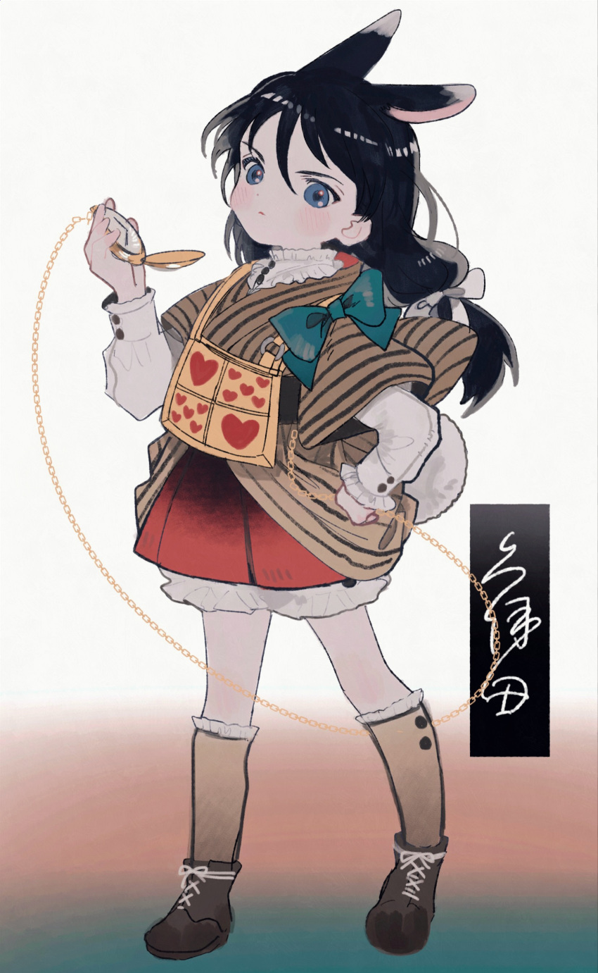 1girl, absurdres, animal_ears, ankle_bow, bangs, black_footwear, black_hair, blue_eyes