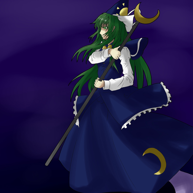 crescent_moon, green_eyes, green_hair, hat, long_hair, m134, mima, staff, touhou, very_long_hair