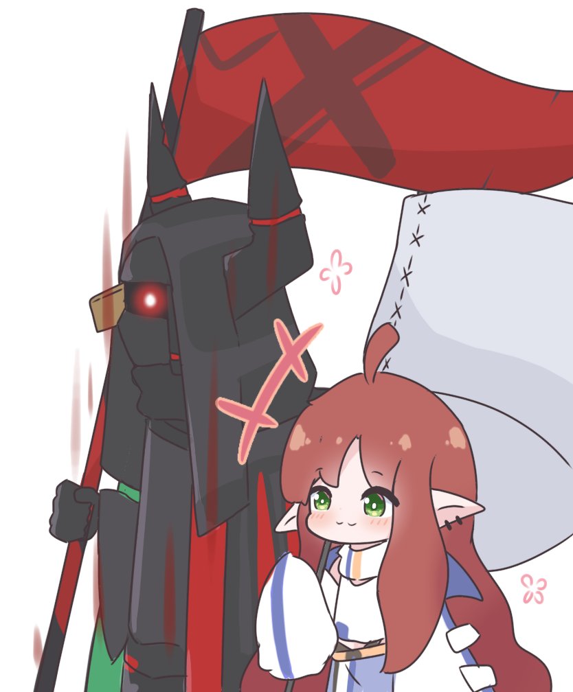 +++, 1girl, 1other, :3, ahoge, ambiguous_gender, arknights, black_coat, blue_skirt, chibi, coat, commentary, demon_horns, ear_piercing, english_commentary, flag, glowing, glowing_eyes, green_eyes, holding, holding_flag, hood, horns, kurotofu, long_hair, myrtle_(arknights), oversized_clothes, piercing, pointy_ears, redhead, sarkaz_sentinel_(arknights), scarf, shirt, simple_background, skirt, sleeves_past_wrists, upper_body, very_long_hair, white_background, white_scarf, white_shirt