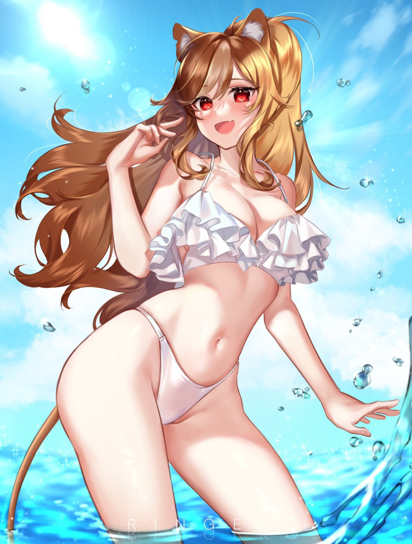 1girl, :d, animal_ear_fluff, animal_ears, artist_name, bare_shoulders, bikini, breasts, brown_hair, collarbone, fang, hazumi_aileen, highres, indie_virtual_youtuber, large_breasts, lion_ears, lion_tail, midriff, navel, open_mouth, outdoors, partially_submerged, red_eyes, ringeko-chan, smile, solo, sunlight, swimsuit, tail, thighs, virtual_youtuber, water, white_bikini
