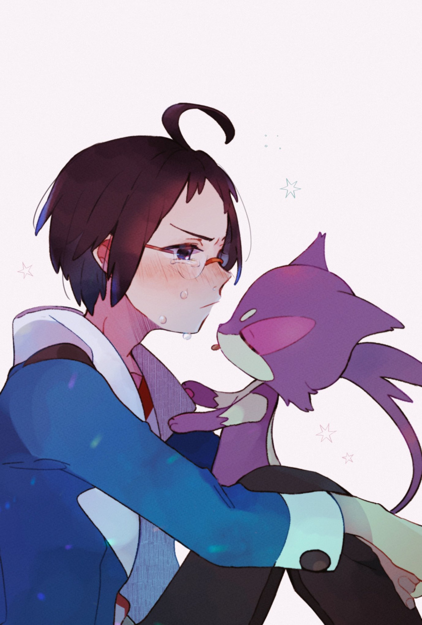 1boy, ahoge, bangs, blue_jacket, blush, brown_hair, cheren_(pokemon), closed_eyes