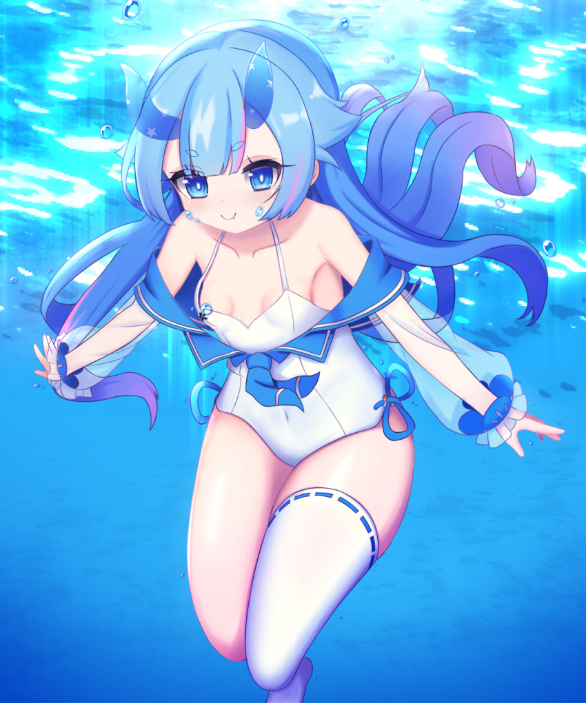 1girl, air_bubble, alternate_color_school_swimsuit, azur_lane, blue_horns, breasts, bubble, diving, fish, freediving, highres, holding_breath, horns, i-13_(azur_lane), large_breasts, ocean, one-piece_swimsuit, outdoors, school_swimsuit, see-through_sleeves, single_thighhigh, smile, submerged, sunlight, swimming, swimsuit, thick_eyebrows, thigh-highs, transparent_horns, underwater, white_legwear, white_swimsuit, yukina_(fall)