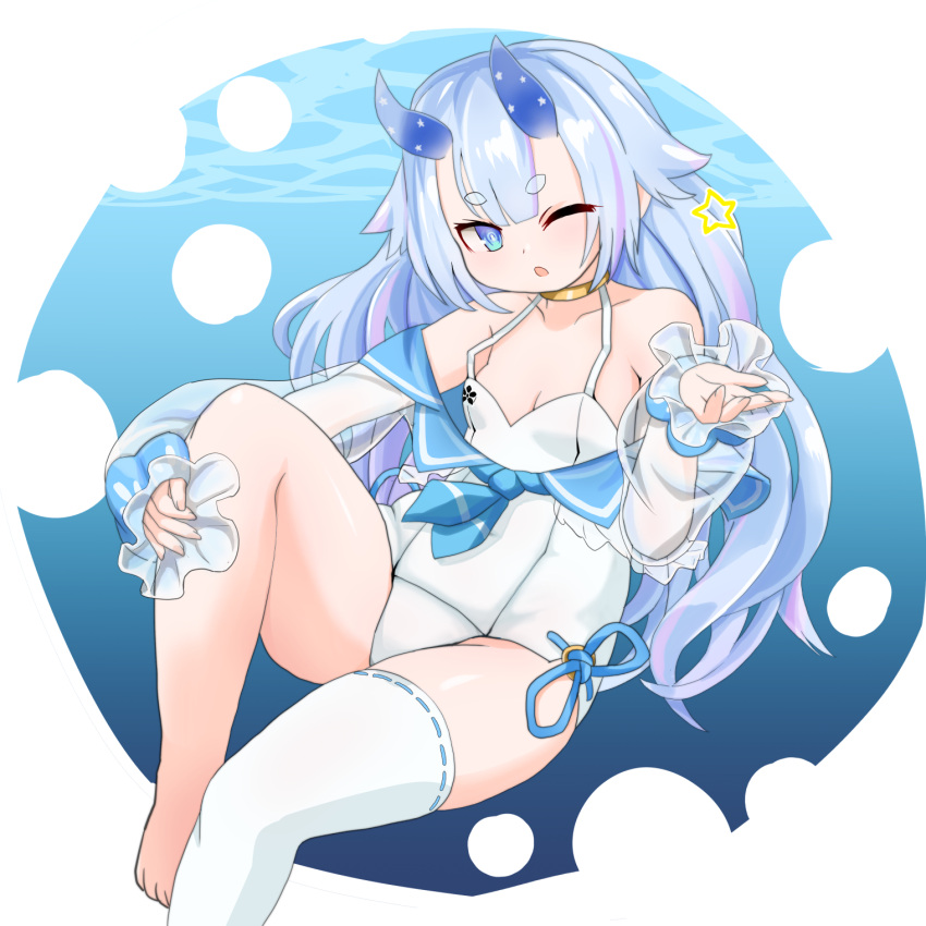 1girl, alternate_color_school_swimsuit, azur_lane, blue_horns, blue_sailor_collar, gold_choker, highres, horns