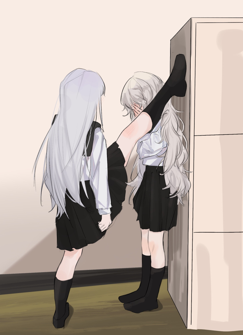 2girls, alternate_costume, arknights, black_hair, black_legwear, black_sailor_collar, black_skirt, chinese_commentary