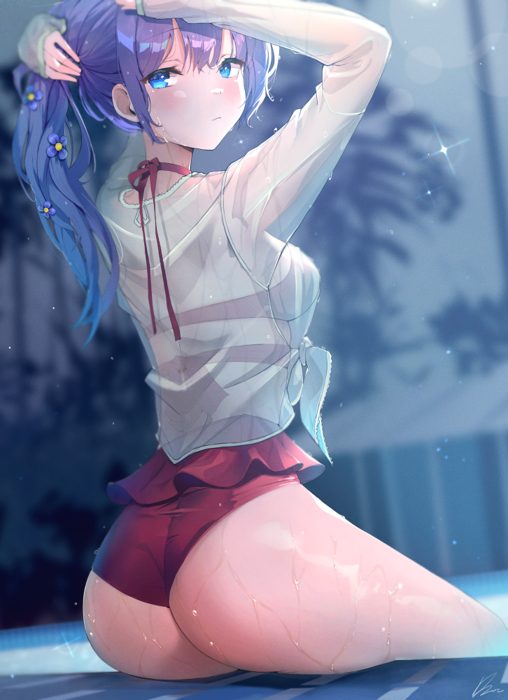 1girl, arms_up, ass, bangs, bikini, blue_eyes, blurry, blurry_background