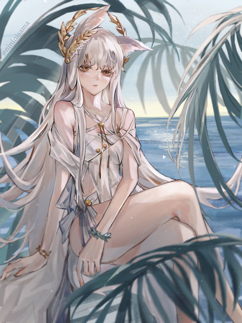 absurdres, animal_ear_fluff, animal_ears, arknights, bangs, bare_legs, bare_shoulders, blue_sky, bracelet, breasts, closed_mouth, collarbone, commentary_request, crossed_legs, dress, hair_ornament, hand_on_own_thigh, head_tilt, highres, horse_ears, horse_girl, jewelry, leaning, leaning_to_the_side, legs, lofter_username, long_hair, nininisama, ocean, orange_eyes, plant, platinum_(arknights), rock, scenery, sidelocks, sitting, sitting_on_rock, sky, small_breasts, thighs, very_long_hair, water, weibo_username, white_dress, white_hair