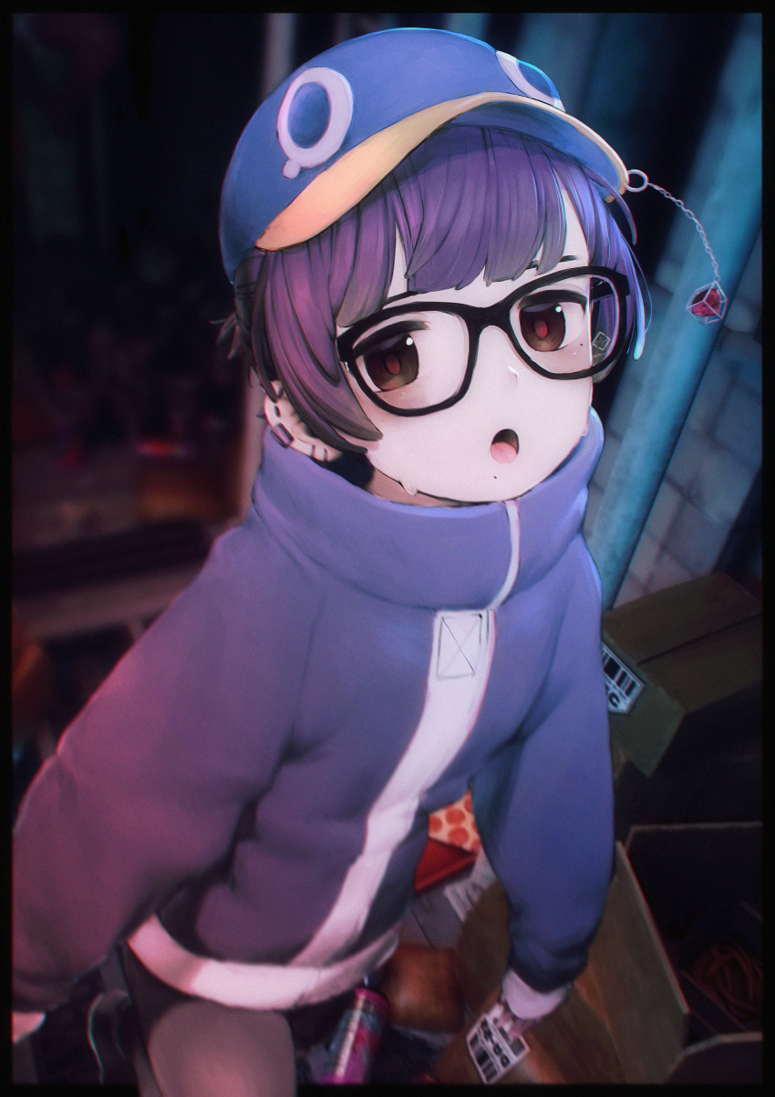 1girl, :o, absurdres, bangs, black_border, black_legwear, blue_jacket, blurry