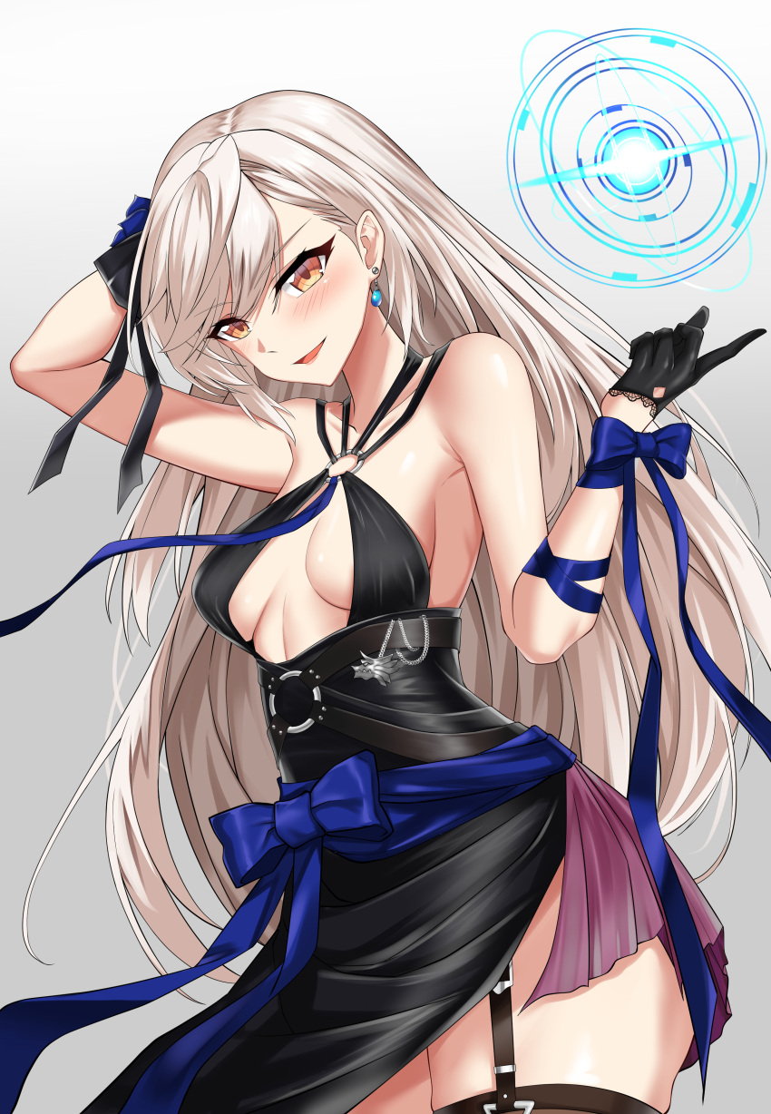 1girl, absurdres, arm_up, bare_arms, bare_shoulders, black_dress, black_gloves, blue_ribbon