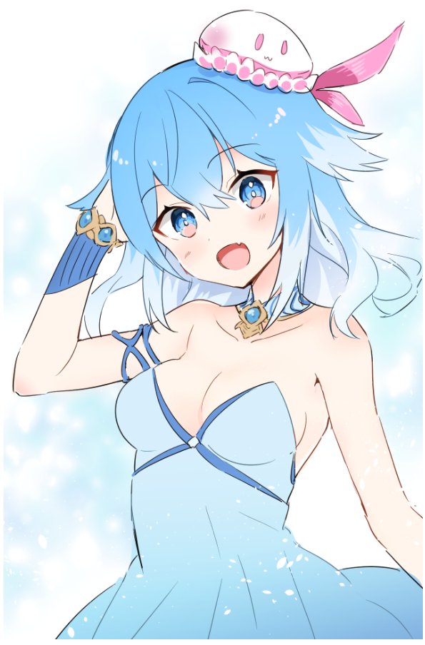 1girl, :3, bare_shoulders, blue_dress, blue_eyes, blue_hair, breasts, collarbone