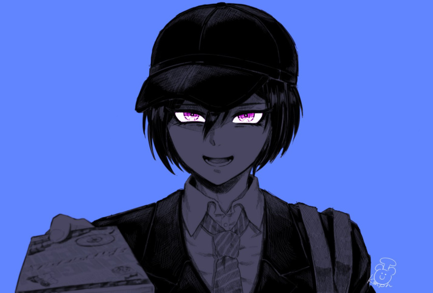 1boy, alternate_eye_color, bangs, black_hair, black_headwear, blue_background, collared_shirt, dangan_ronpa_(series)