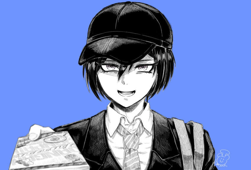 1boy, bangs, black_hair, black_headwear, blue_background, collared_shirt, dangan_ronpa_(series), dangan_ronpa_v3:_killing_harmony