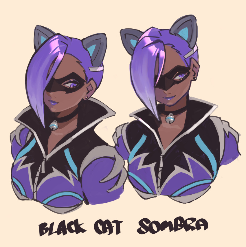1girl, absurdres, animal_ears, beige_background, bell, black_cat_sombra, black_choker, black_jacket