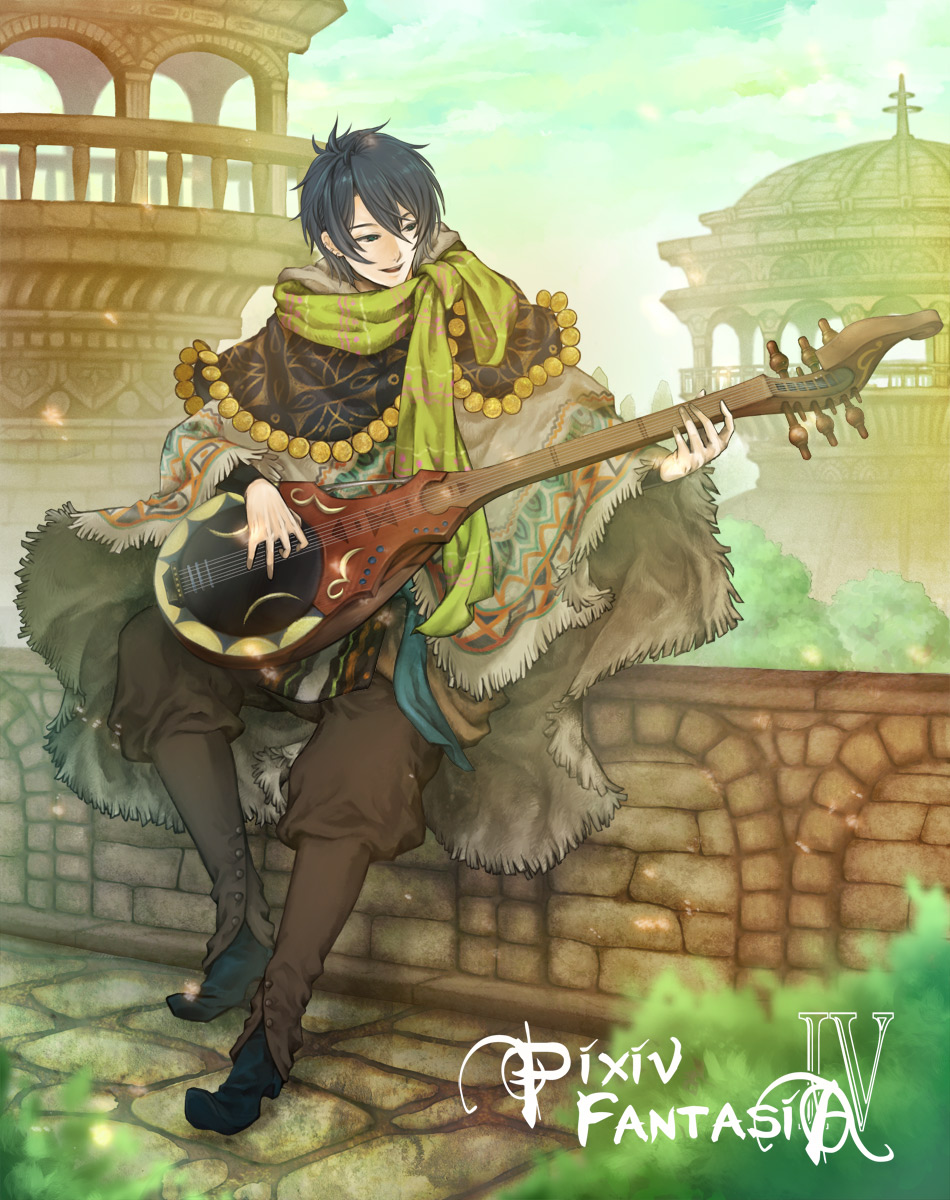 bad_id, black_hair, coin, demich, highres, instrument, lute_(instrument), male