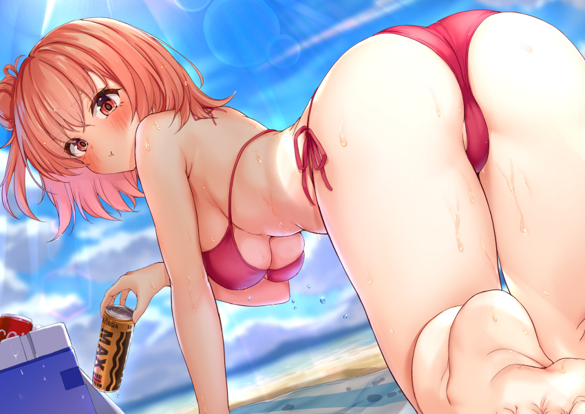 1girl, all_fours, ass, bangs, bare_arms, barefoot, beach, bikini