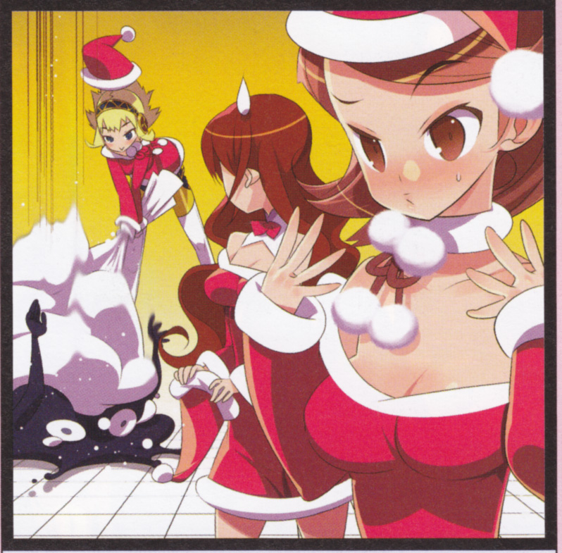 android, blonde_hair, breasts, brown_hair, christmas, female_protagonist_(persona_3), hat, headphones
