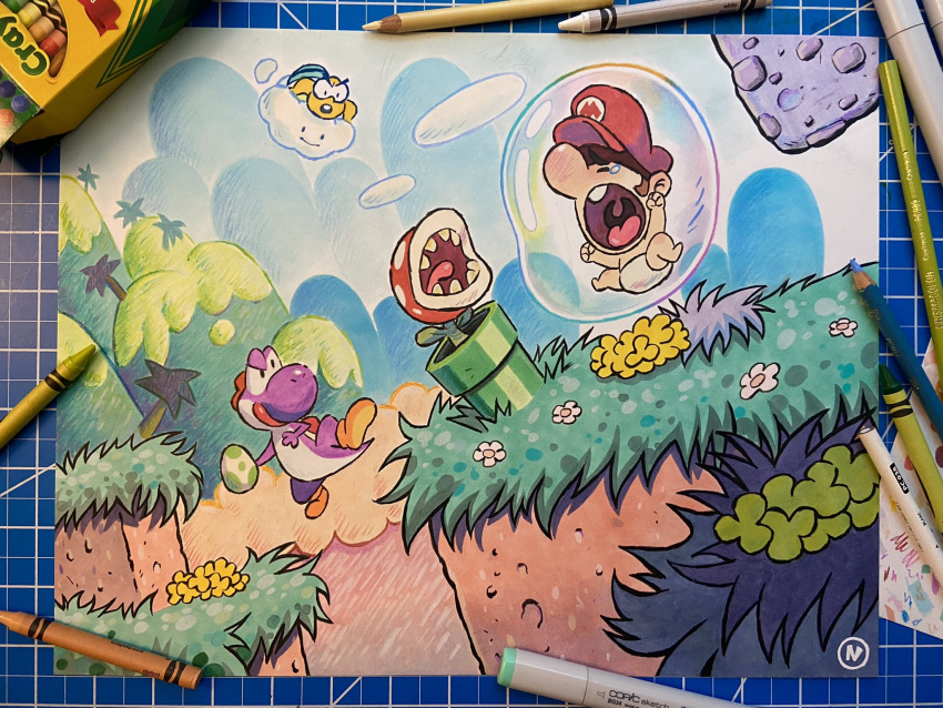 baby, baby_mario, brown_hair, bubble, colored_pencil, colored_pencil_(medium), crayon, crayon_(medium)