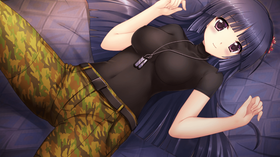 1girl, belt, black_belt, black_shirt, blue_hair, breasts, breasts_apart, camouflage