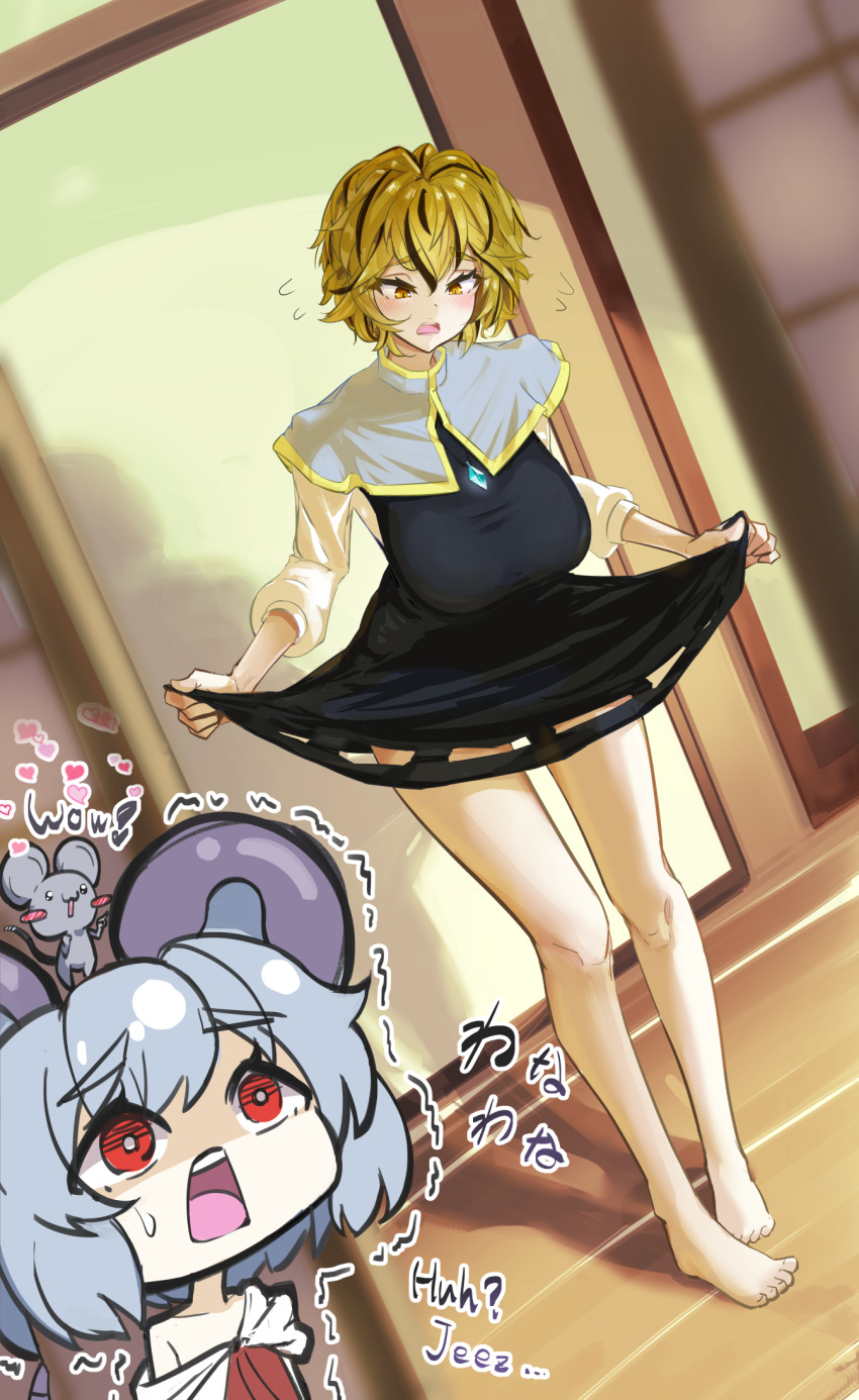 2girls, animal_ears, barefoot, black_dress, blonde_hair, blush, capelet, chibi