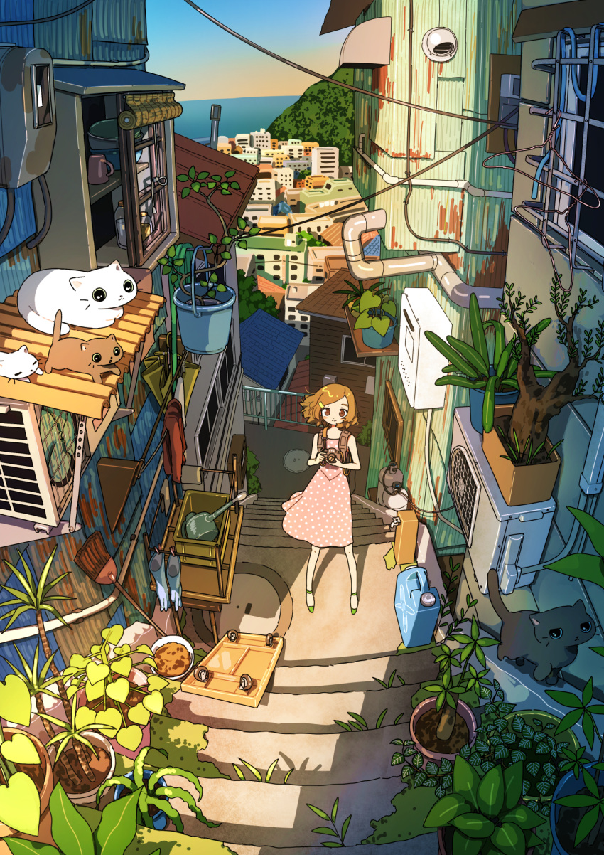 1girl, backpack, bag, brown_eyes, brown_hair, building, camera, cat, dress, hair_ornament, hairclip, highres, holding, holding_camera, leaf, looking_at_viewer, original, outdoors, pink_dress, pipe, plant, potted_plant, shadow, short_hair, solo, stairs, standing, tao_(tao15102), wide_shot, window