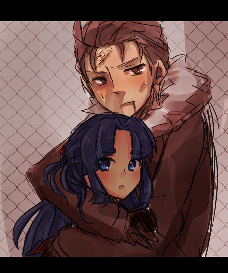 bandage, bandages, blood, blue_eyes, blue_hair, brown_eyes, brown_hair, bruise