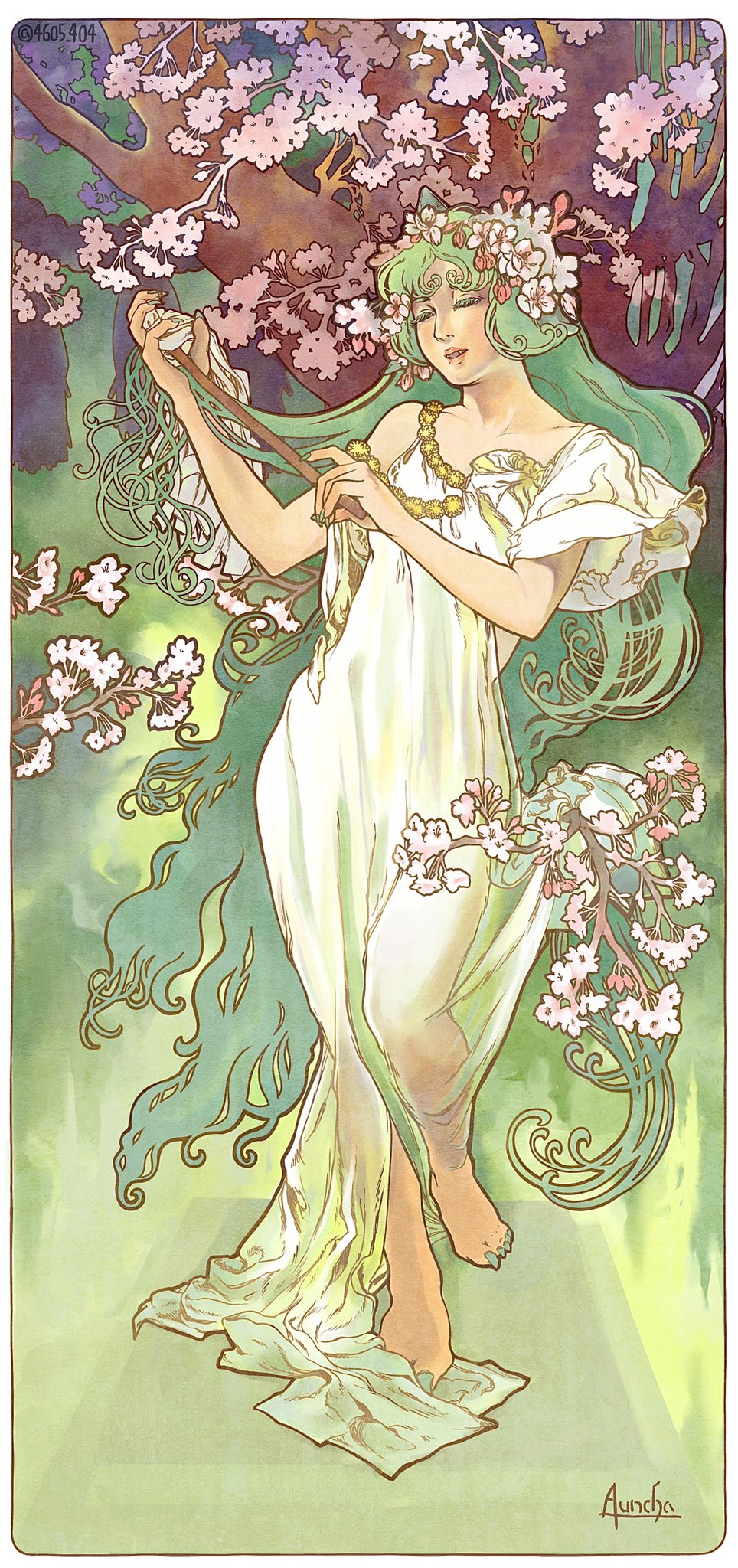 1girl, alternate_costume, alternate_hairstyle, art_nouveau, bangs, barefoot, branch, cherry_blossoms, closed_eyes, dress, feet, fine_art_parody, flower, full_body, green_nails, highres, komano_aunn, long_hair, nail_polish, open_mouth, outdoors, parody, petals, shiratama_(irodoli), smile, solo, standing, toes, touhou, tree_branch, very_long_hair, white_dress