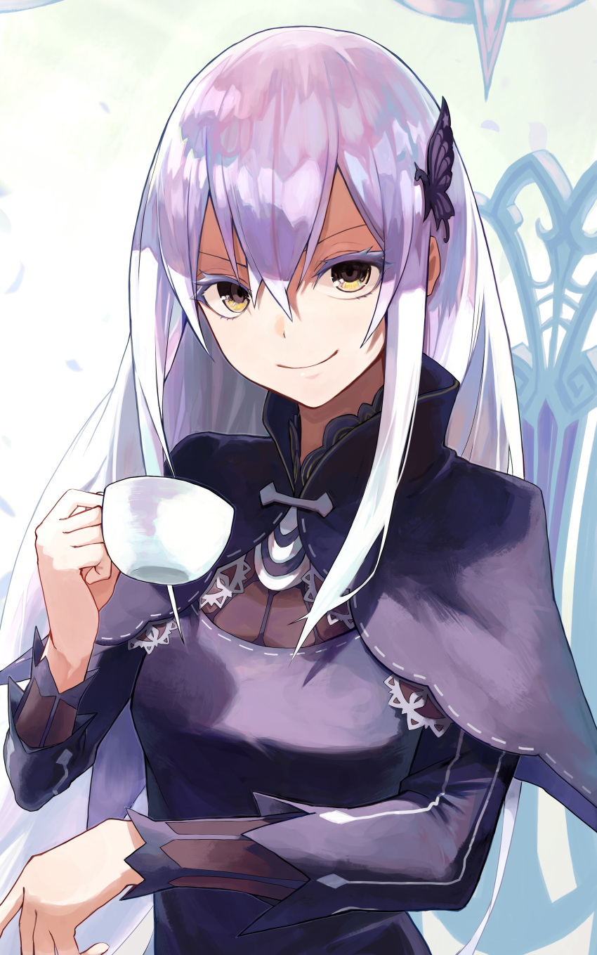 1girl, absurdres, bangs, black_capelet, black_dress, capelet, chair, closed_mouth, cup, dress, echidna_(re:zero), hair_between_eyes, hair_ornament, hands_up, highres, holding, holding_cup, kyara-suro, long_hair, long_sleeves, looking_at_viewer, multicolored, multicolored_eyes, re:zero_kara_hajimeru_isekai_seikatsu, sidelocks, silver_hair, sitting, smile, solo, upper_body