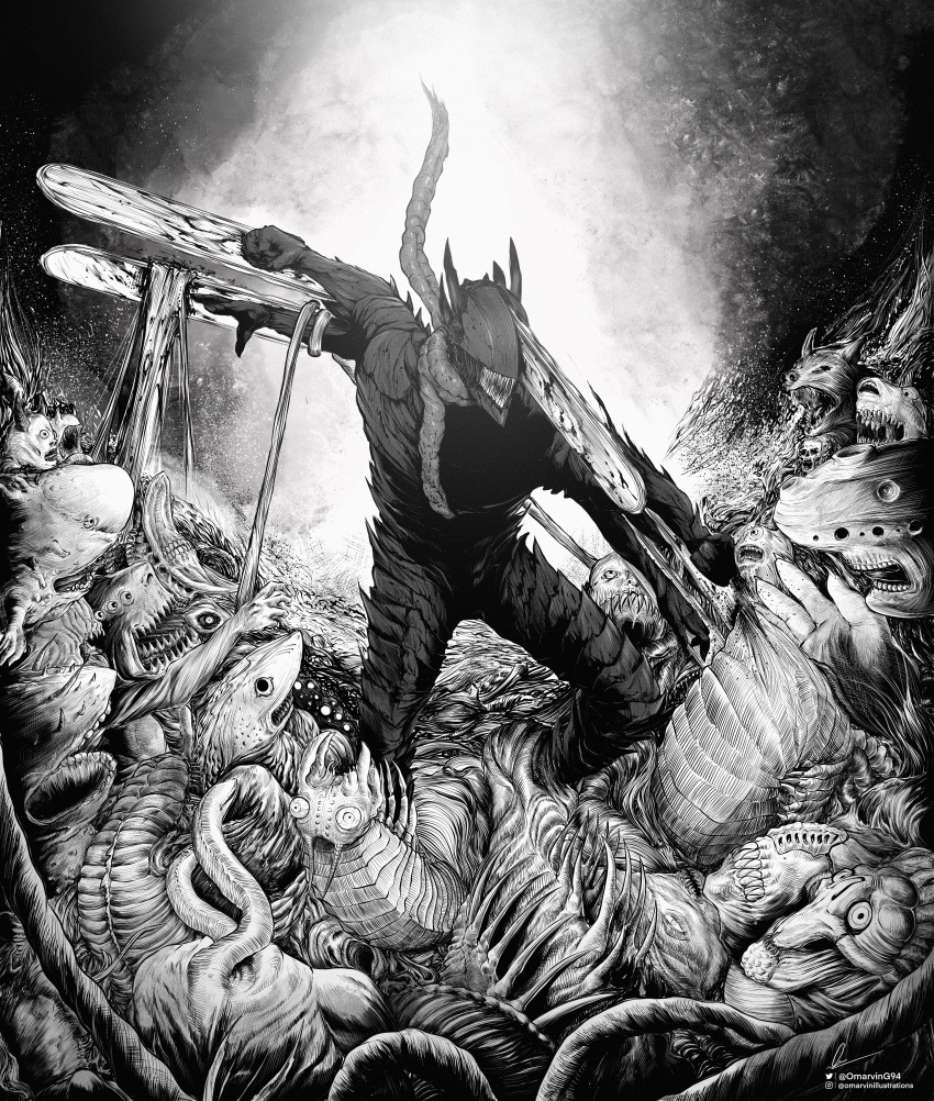 1boy, absurdres, arms_up, battle, blood, chainsaw, chainsaw_devil, chainsaw_man