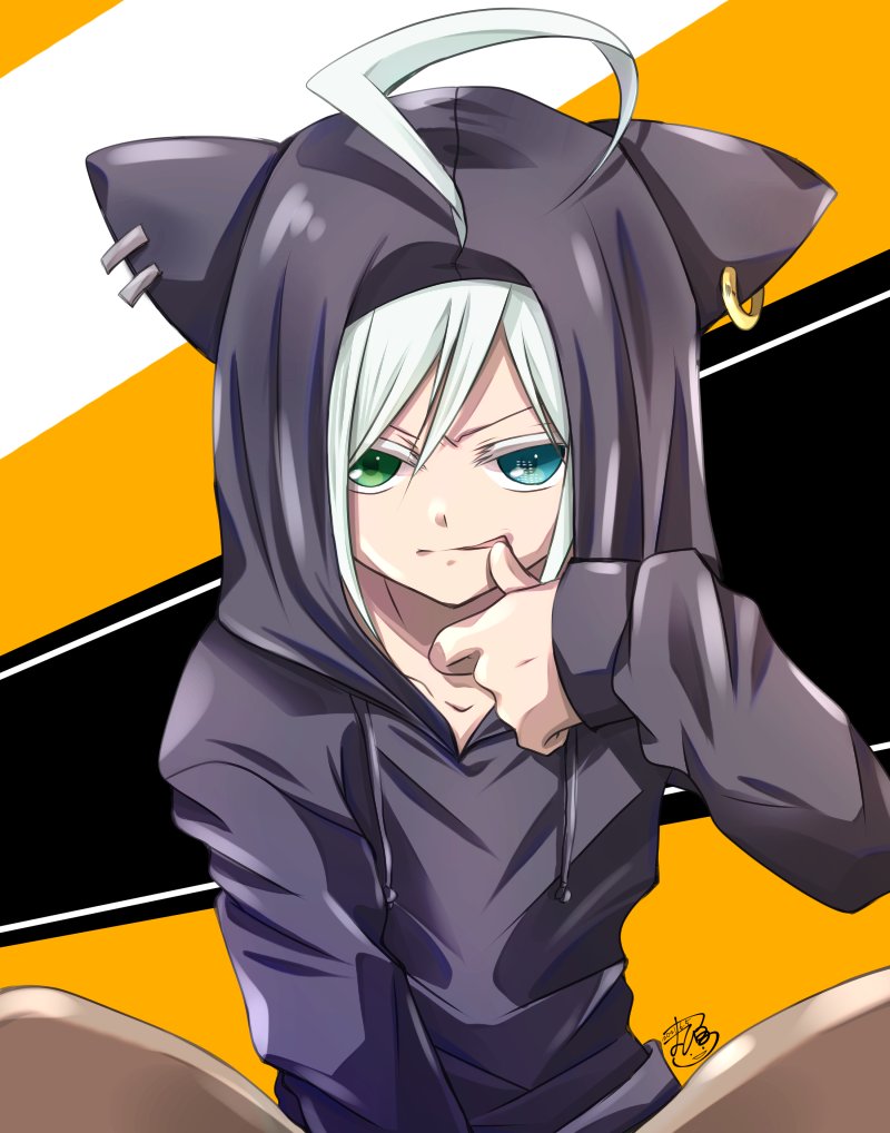 1boy, ahoge, androgynous, animal_hood, blue_eyes, cat_hood, collarbone, commentary_request, drawstring, earrings, green_eyes, heterochromia, hood, hoodie, jewelry, looking_at_viewer, mahiruno, male_focus, purple_hoodie, signature, sitting, solo, thumb_to_mouth, utatane_piko, v-shaped_eyebrows, vocaloid, white_hair