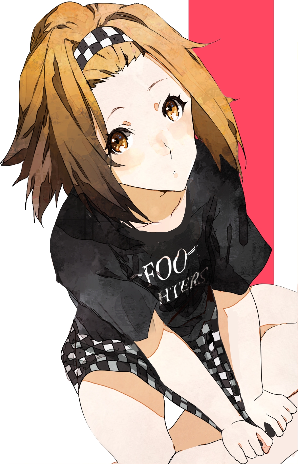 1girl, bare_legs, black_shirt, brown_eyes, brown_hair, checkered, checkered_skirt, clothes_writing