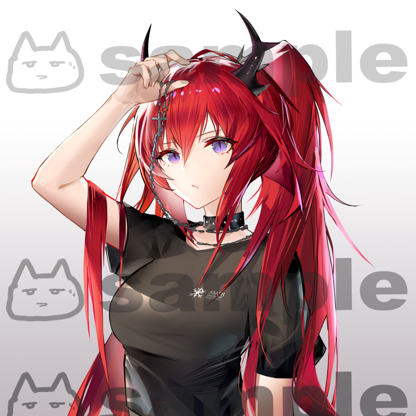 1girl, absurdres, arknights, arm_up, bangs, black_choker, black_shirt, breasts