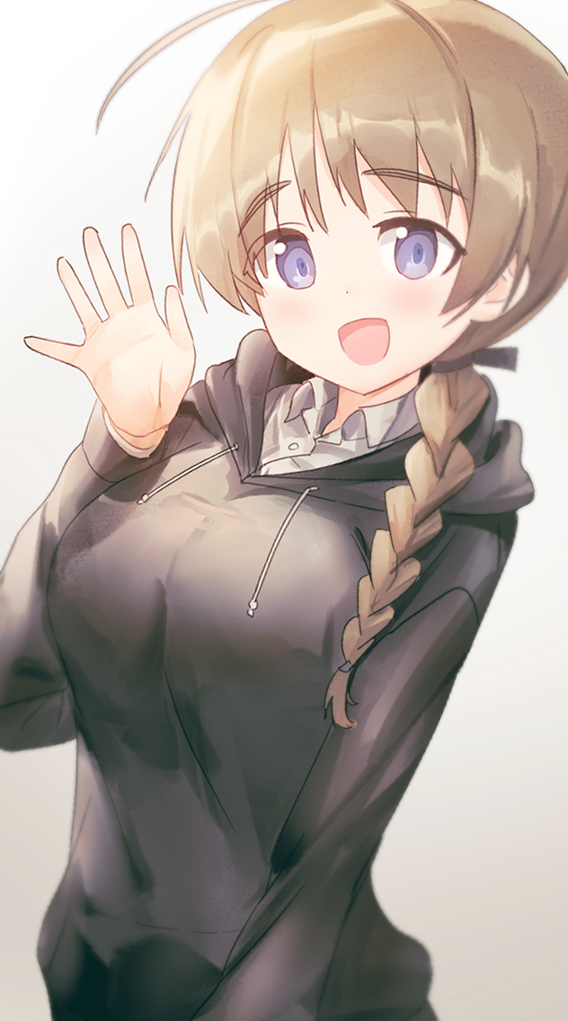 1girl, ahoge, alternate_costume, ave, black_ribbon, blue_eyes, blush, braid, breasts, brown_hair, cowboy_shot, drawstring, dutch_angle, large_breasts, lynette_bishop, mejina, ribbon, single_braid, smile, solo, strike_witches, white_background, world_witches_series