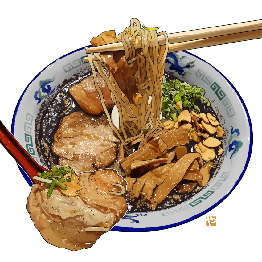 bowl, chopsticks, commentary_request, dragon_print, egg, food, food_focus, halfboiled_egg