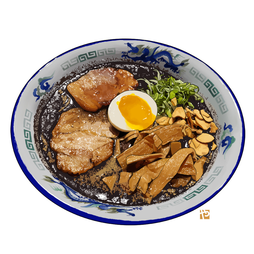 bowl, commentary_request, dragon_print, egg, food, food_focus, halfboiled_egg, meat