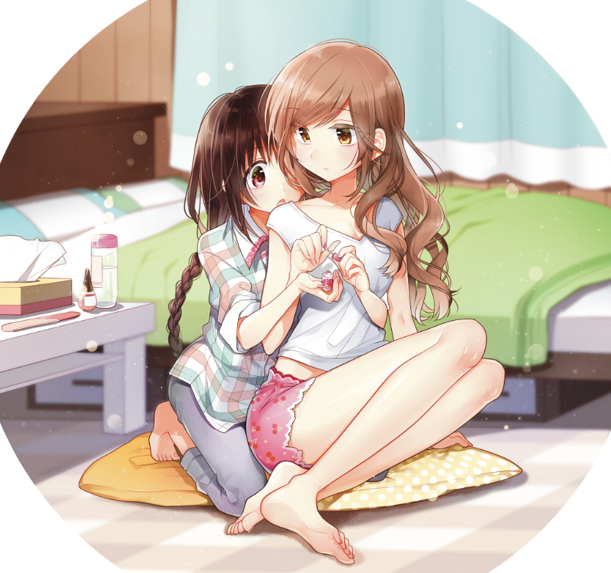 2girls, arms_around_waist, bangs, bare_legs, bed, bedroom, blanket, blue_pants
