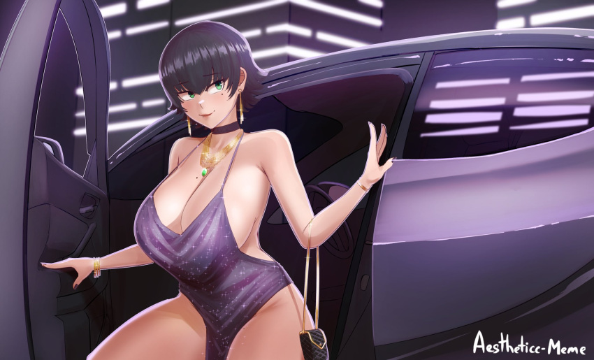 1girl, aestheticc-meme, bag, black_choker, black_hair, bracelet, breasts, car