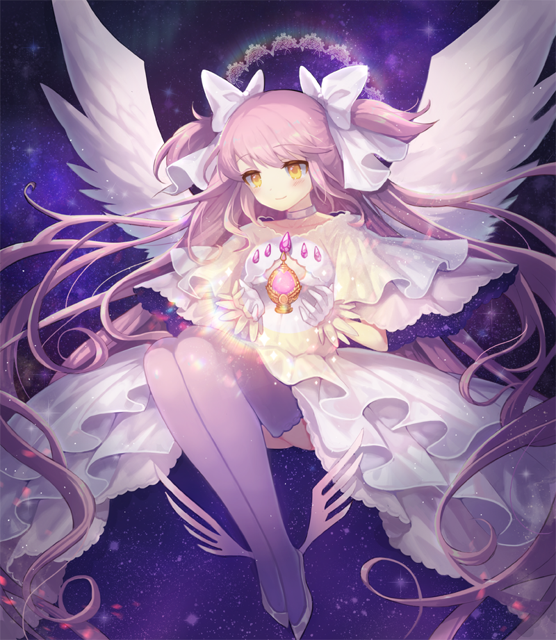 1girl, bow, dress, frilled_dress, frills, gloves, goddess_madoka, hair_bow