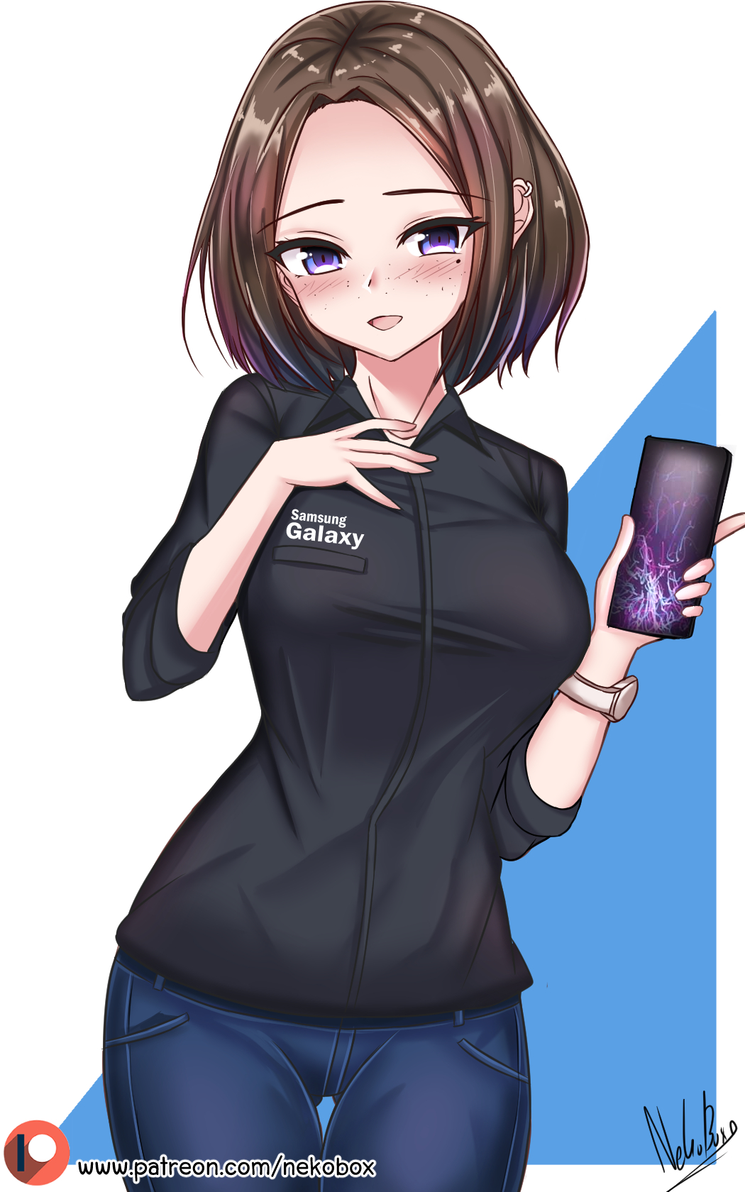 1girl, black_shirt, blue_eyes, blue_pants, blush, breasts, brown_hair, cellphone