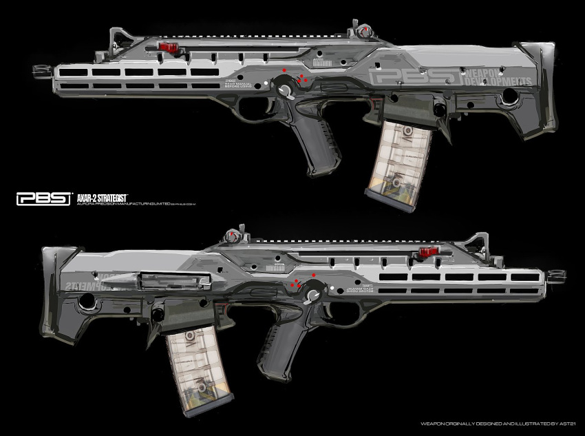 artist_name, assault_rifle, asterozoa, black_background, bullpup, english_commentary, gun, magazine_(weapon), multiple_views, no_humans, original, rifle, trigger, weapon, weapon_sheet