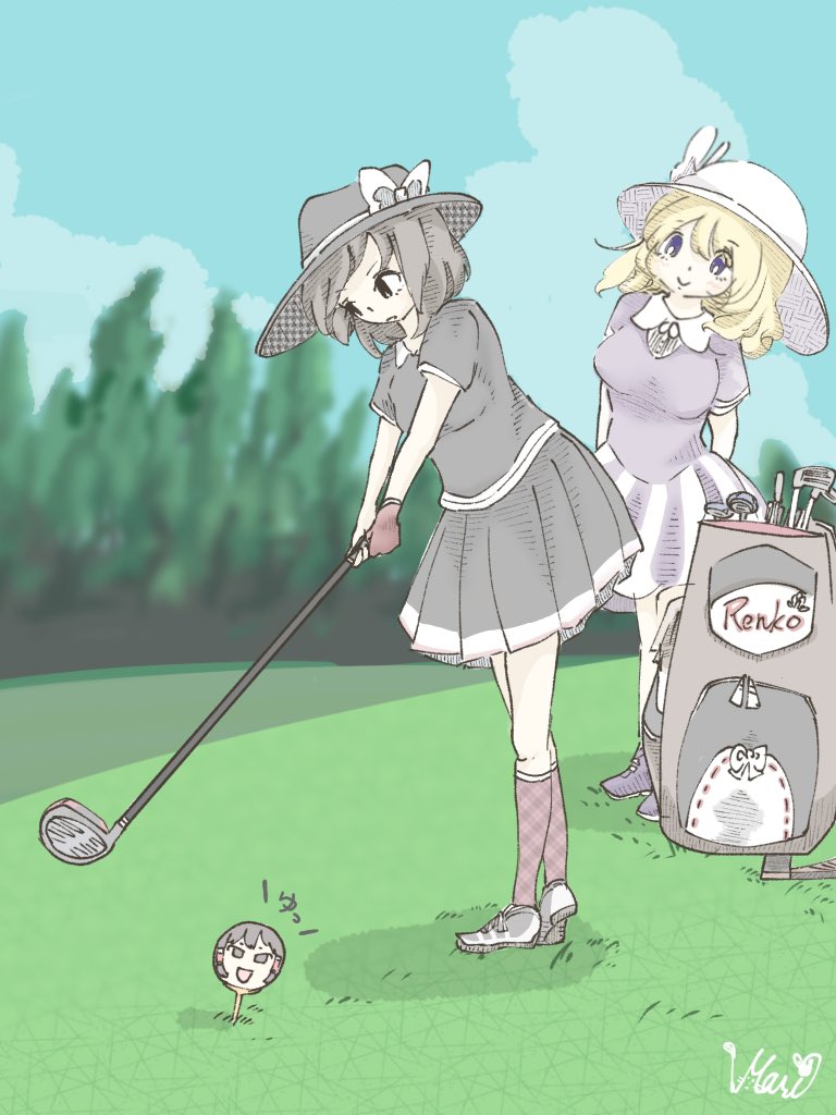 2girls, alternate_costume, bad_face, ball, black_shirt, black_skirt, blonde_hair, brown_eyes