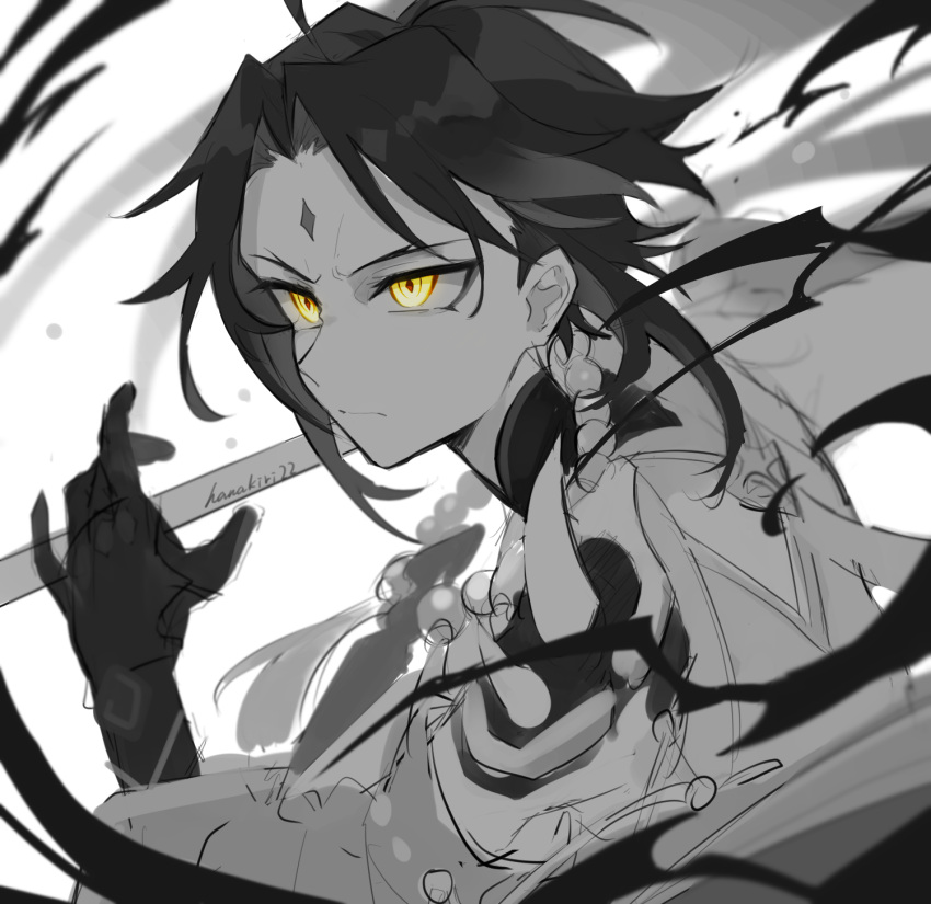 1boy, armor, bangs, bead_necklace, beads, closed_mouth, commentary_request, diamond-shaped_pupils, diamond_(shape), facial_mark, forehead_mark, genshin_impact, gloves, greyscale, hanakiri22, highres, jewelry, male_focus, monochrome, necklace, parted_bangs, partially_colored, pendant, polearm, short_hair_with_long_locks, shoulder_armor, shoulder_pads, shoulder_spikes, simple_background, slit_pupils, solo, spear, spikes, symbol-shaped_pupils, tassel, weapon, xiao_(genshin_impact), yellow_eyes