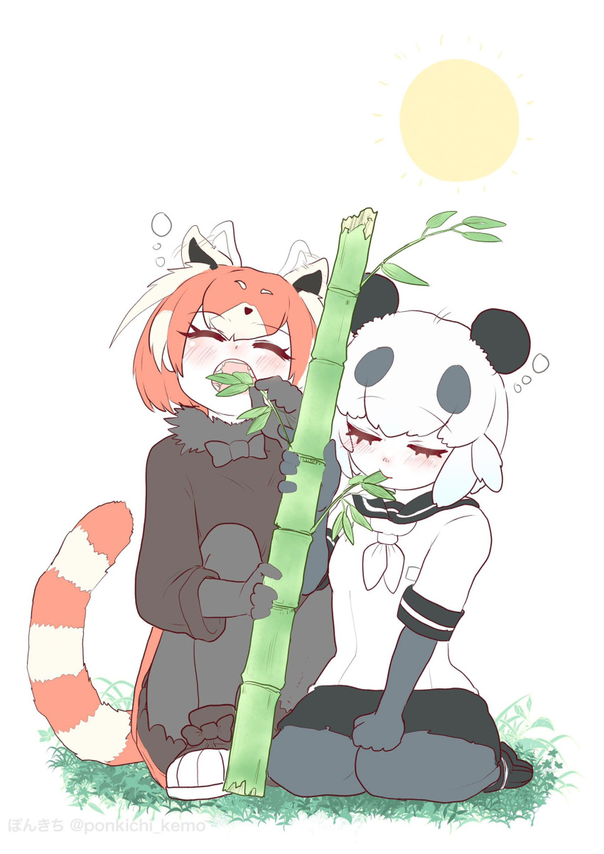 2girls, animal_ears, bamboo, black_fur, black_gloves, black_hair, black_legwear, black_neckwear, black_skirt, black_sweater, blush, closed_eyes, commentary_request, eating, elbow_gloves, extra_ears, eyebrows_visible_through_hair, fangs, fur_collar, giant_panda_(kemono_friends), gloves, highres, kemono_friends, lesser_panda_(kemono_friends), long_sleeves, multicolored_hair, multiple_girls, neckerchief, open_mouth, panda_ears, panda_girl, pantyhose, pleated_skirt, pokichi_(ponkichi_kemo), redhead, sailor_collar, seiza, shirt, short_hair, sitting, skirt, sleeping, sun, sweater, two-tone_hair, white_hair, white_neckwear, white_shirt