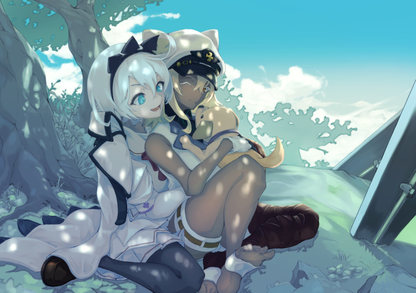 2girls, animal, blue_eyes, clouds, dark-skinned_female, dark_skin, dog, elphelt_valentine