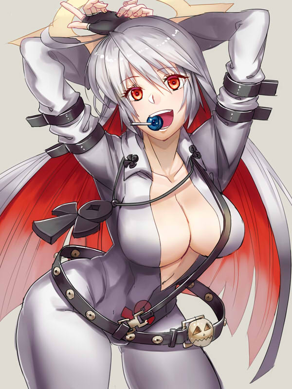 1girl, ankh, bangs, belt, belt_buckle, bodysuit, buckle, candy