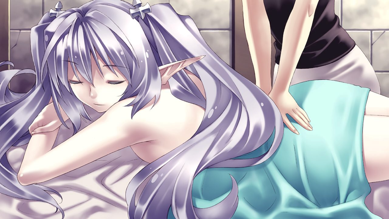 closed_eyes, elf, fyuria, game_cg, hirano_katsuyuki, long_hair, massage, official_art