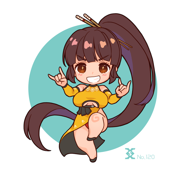 1girl, \m/, bangs, bare_shoulders, blush, breasts, brown_eyes, brown_hair