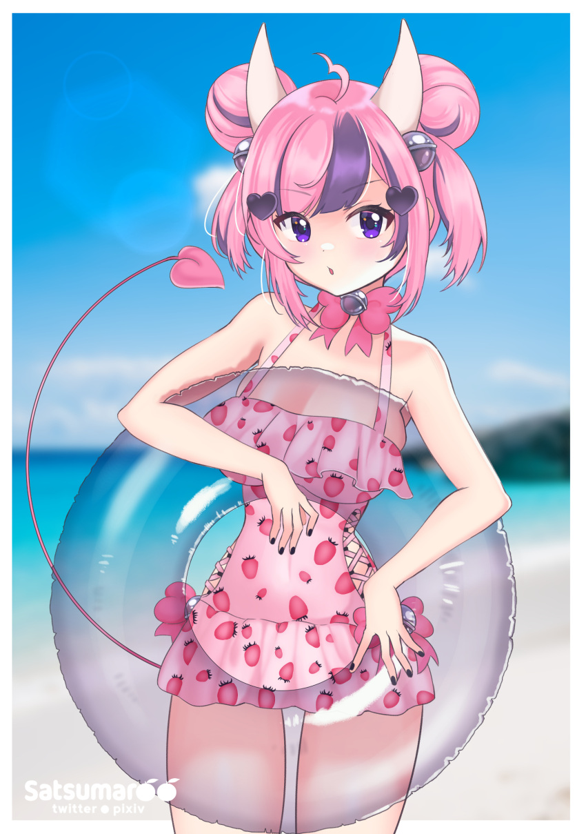 1girl, absurdres, ahoge, artist_name, bangs, beach, blue_eyes, border, breasts, cowboy_shot, cross-laced_clothes, cross-laced_swimsuit, day, fruit_print, hair_ornament, heart, heart_hair_ornament, highres, horns, innertube, ironmouse, large_breasts, lens_flare, multicolored_hair, outdoors, pink_hair, pink_swimsuit, purple_hair, satsumaroo, solo, strawberry_print, streaked_hair, swimsuit, tail, virtual_youtuber, vshojo, white_border