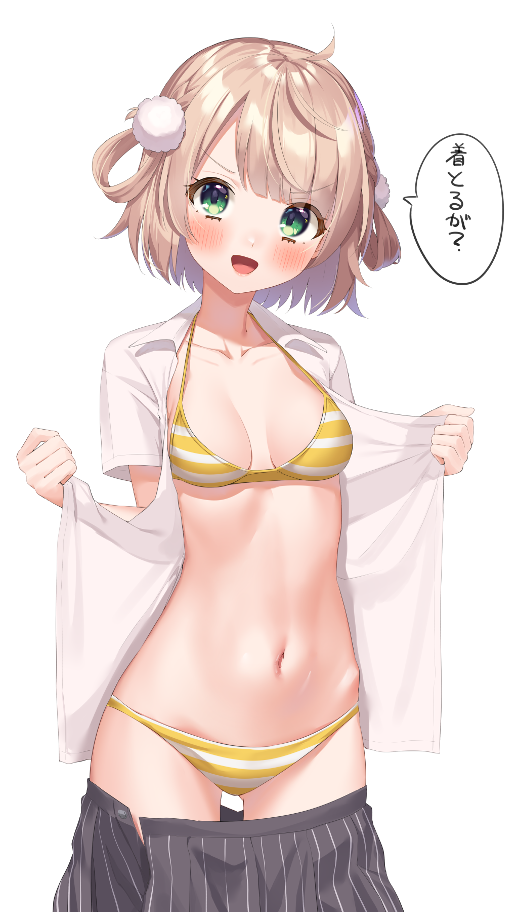 1girl, bangs, bikini, bikini_under_clothes, blush, collared_shirt, eyebrows_visible_through_hair, eyelashes