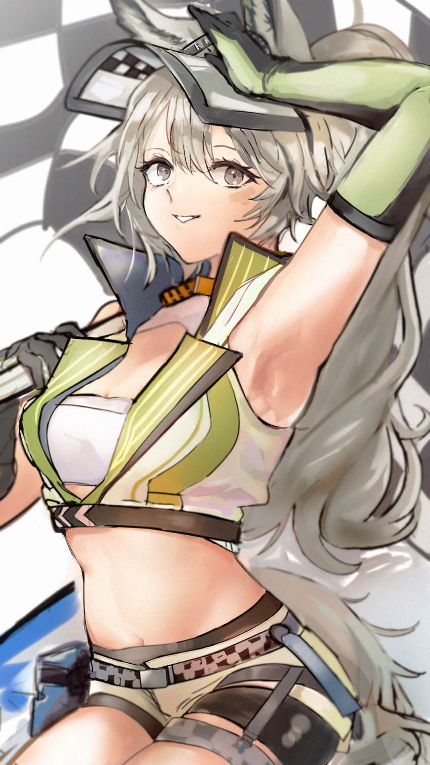 1girl, alternate_costume, animal_ears, arknights, arm_up, armpits, bangs, belt