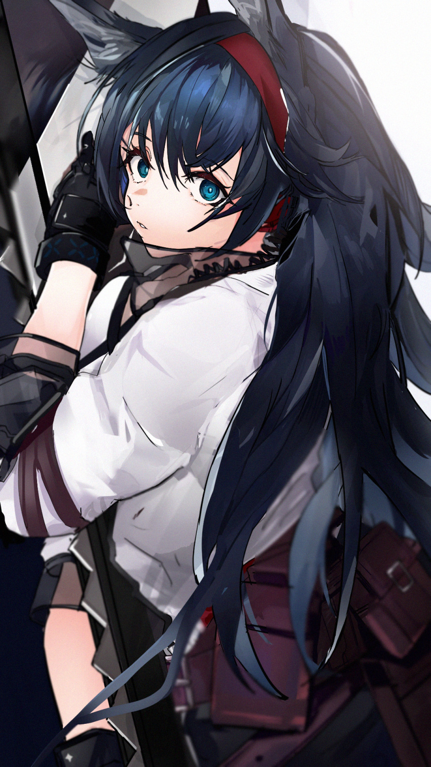 1girl, animal_ears, arknights, bangs, black_gloves, black_hair, blaze_(arknights), blue_eyes